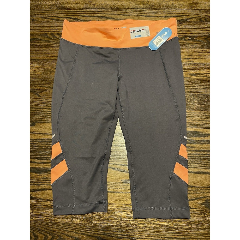NWT FILA Athletic Capri Run YOGA PANTS Grey Orange Women's Large Stretch